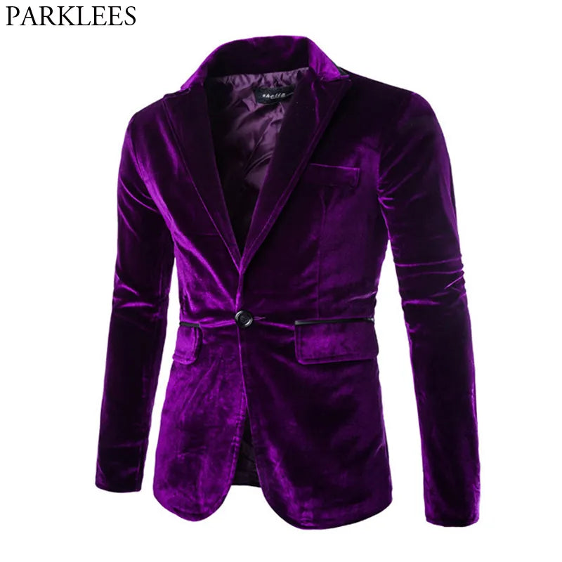 Shiny Purple One Button Velvet Blazer Jacket Men 2022 Spring