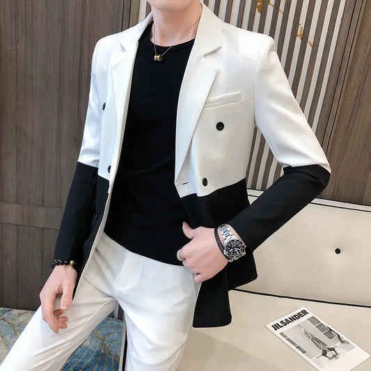 Men's Blazer Hombre Semi-Black Red White Double-Breasted Blazer Masculino Slim