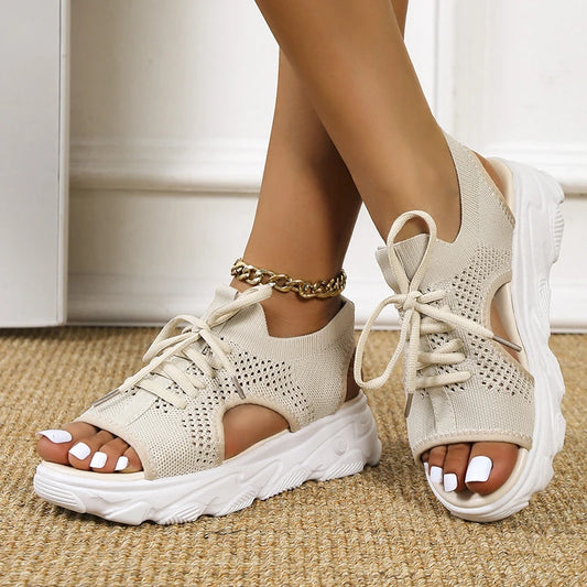 Women White Thick-Soled Lace-Up Sandal Open Toe Beach Shoes