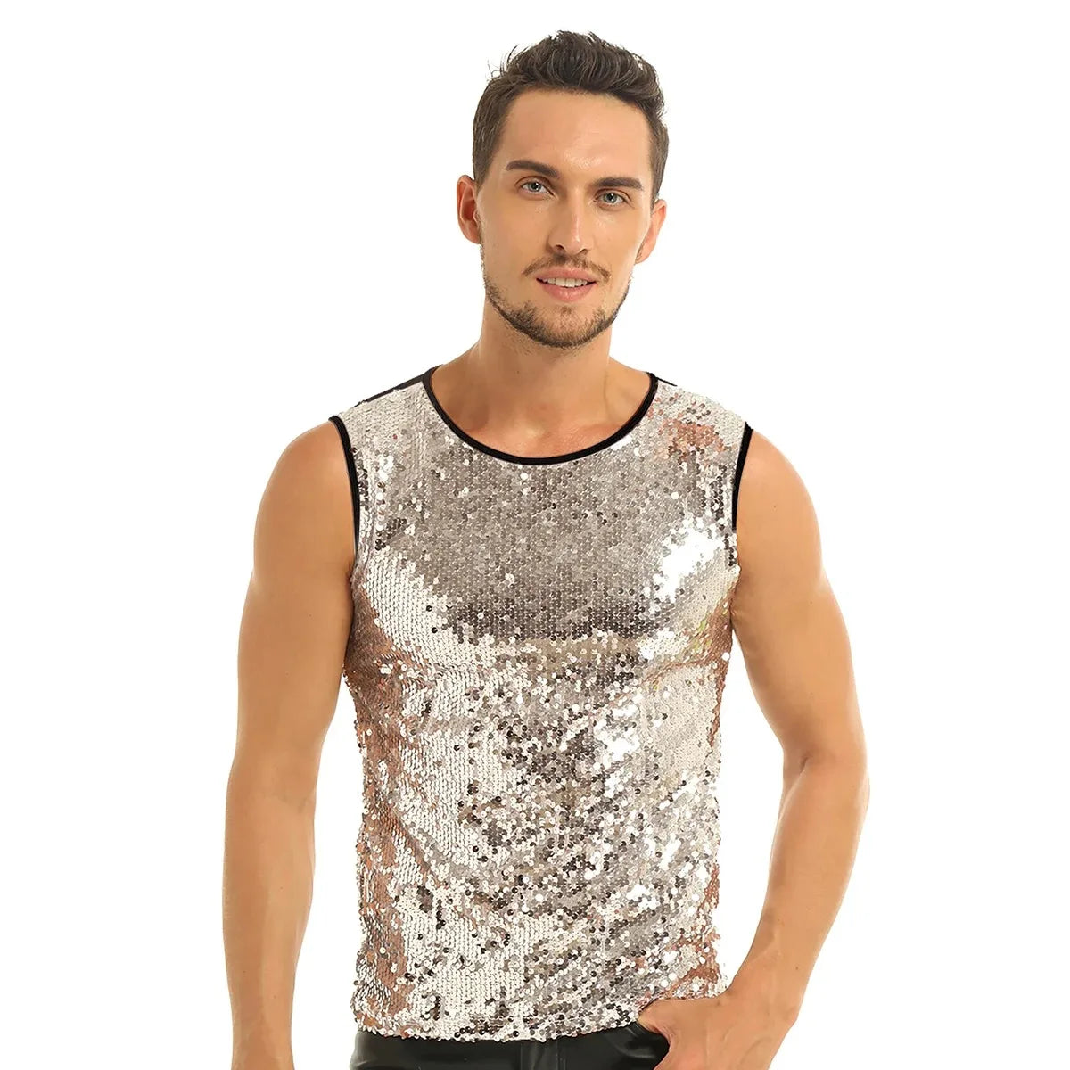 YiZYiF Men's Sequin Tank Top Shiny Crop Top Vest Crew Neck Slim Vest