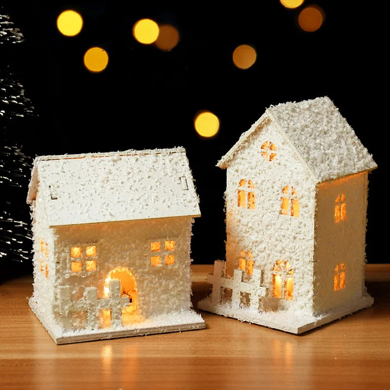 1pc Christmas Ornaments LED Lights Wooden House Luminous Cabin With Snow