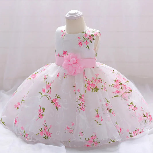 Summer Pink Flower Baby Girl Party Dresses 1st Birthday Wedding Princess Kids