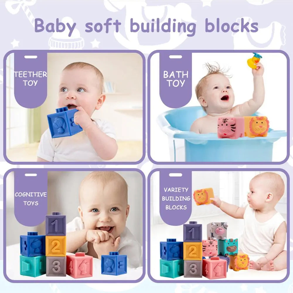 12pcs Baby Sensory Toys Building Silicone Blocks Grasp Toy