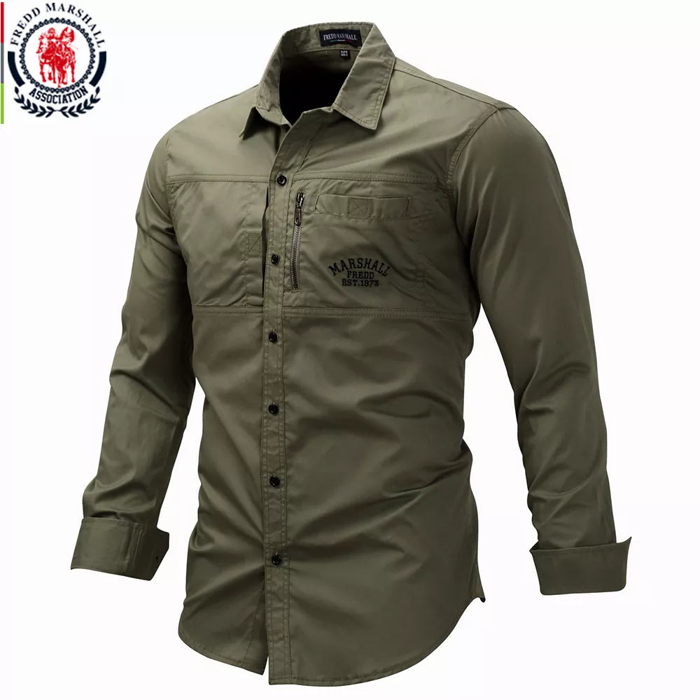 Fredd Marshall Fashion Military Shirt Long Sleeve Multi-Pocket Casual Shirts