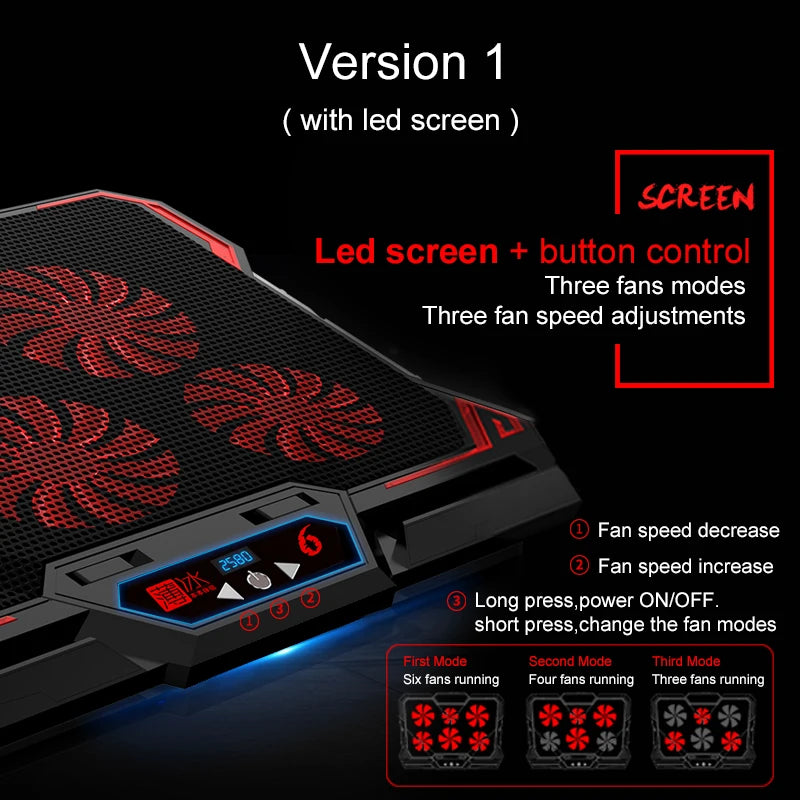 Coolcold Laptop Cooler 6 Fans Laptop Cooling Pad 2 USB Port With Led Screen