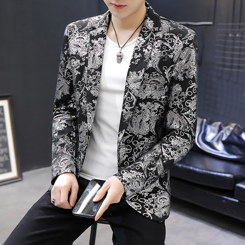 Men Blazer Suit Printed Slim Lapel Collar Casual Mens Suit Thin