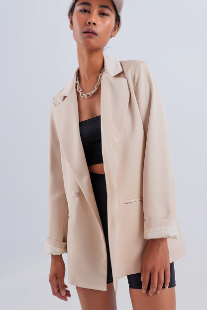 Double Breasted Satin Blazer in Beige