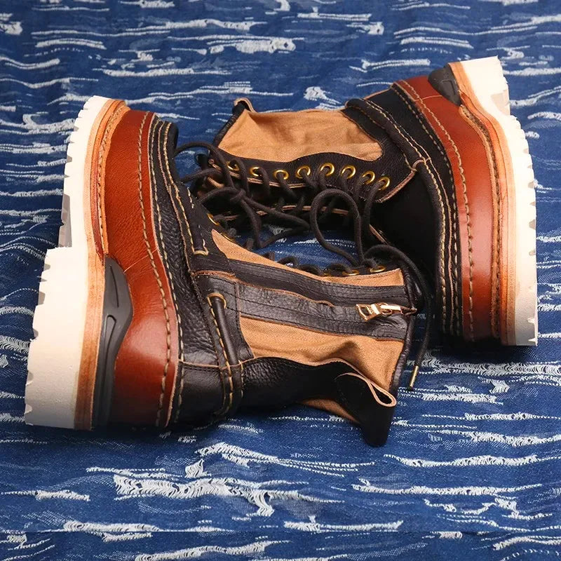 High Quality Handmade Mens Boots Retro Patchwork Genuine Leather Work Boots Men