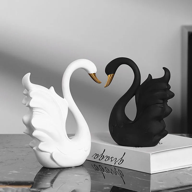 Vilead Pair of Resin Swan Sculptures in Black and White Modern Couple Statue