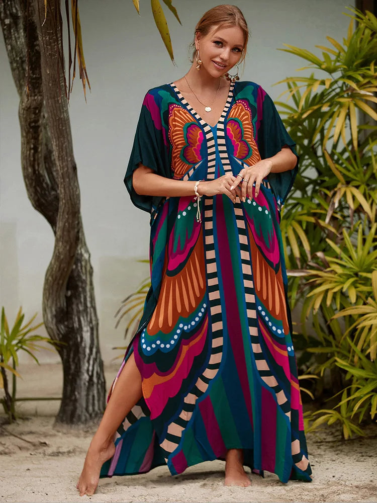 2023 Multicolored Kaftan Bohemian Printed V-Neck Batwing