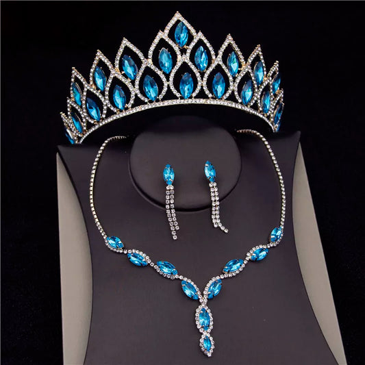 Blue Crystal Bridal Jewelry Sets for Women Fashion Tiaras Wedding Dress Crown