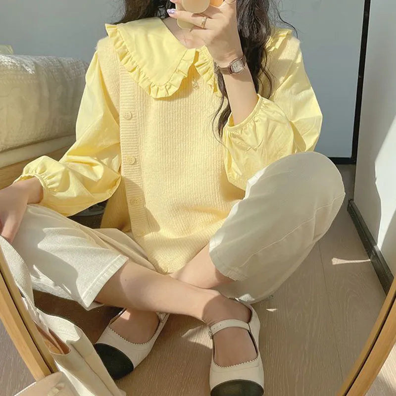 Solid Simple Blouse for Women Korean Chic Trendy Single-Breasted Ruffles Shirt