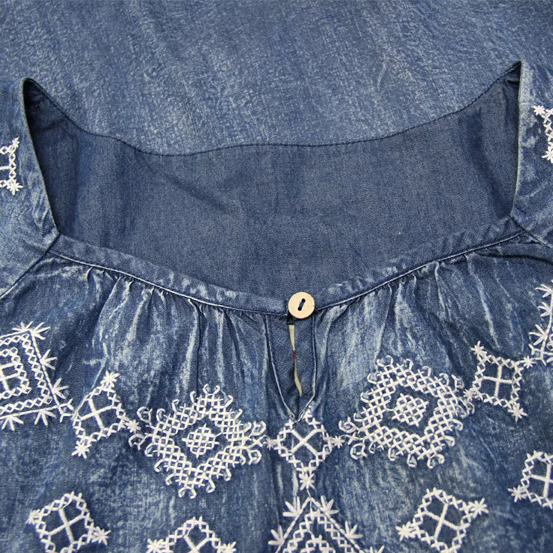 21New Women Denim Dresses Spring Autumn Vintage Embroidery