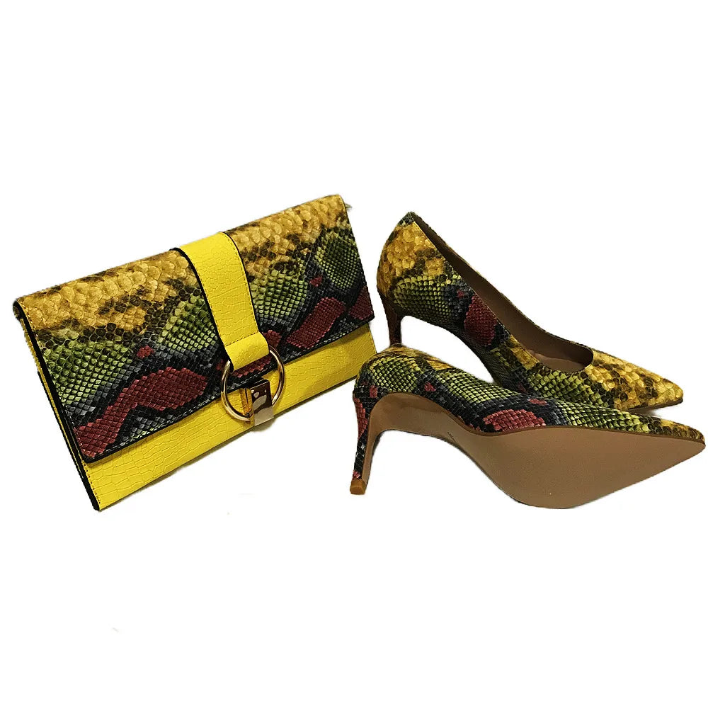 Yellow Shoes Snake Printed Leather With Women Bag Set ,Women Shoes Pumps