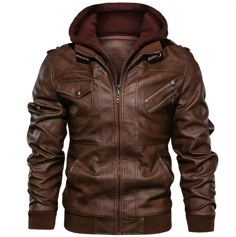 Men's Autumn Winter Motorcycle Leather Jacket Windbreaker Hooded Jackets