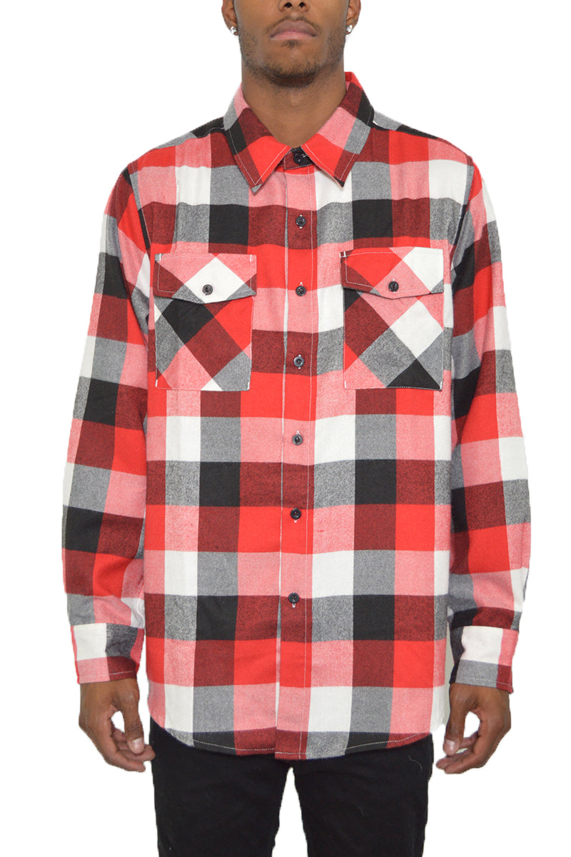 Long Sleeve Checkered Plaid Brushed Flannel