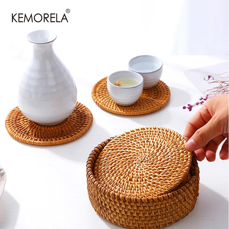 1PC Round Natural Rattan Coasters Bowl Pad Handmade Padding Cup Mats Insulation