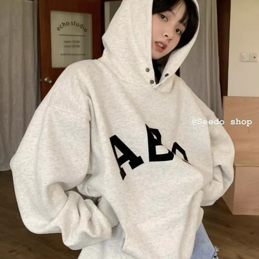 Oversized Fleece Hoodies Women Winter Vintage Hooded Sweatshirts Long Sleeve