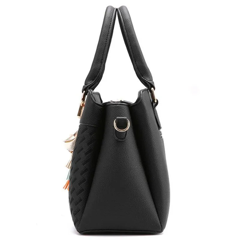 Women Handbags Fashion Black PU Leather Tassel Totes Bag Top-Handle Crossbody