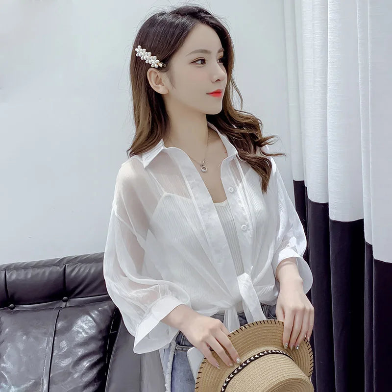 HELIAR Chiffon Shirts Women Half Sleeve Button Up Chiffon Blouses