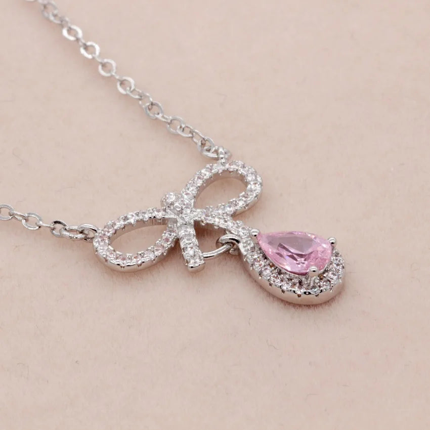 US Stock Bowknot Necklaces & Pendants Pink Crystal Water Drop Necklace