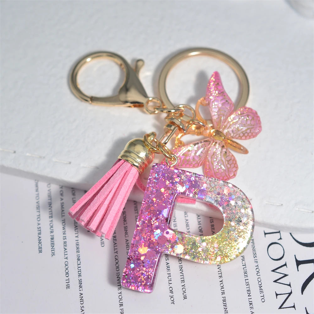 Cute Resin A-Z Initials Letter Keychain Pink Sparkle Butterfly Tassel Pendant