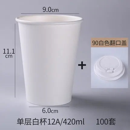 100pcs/Pack White Paper Cups With Lid Disposable Coffee Cup