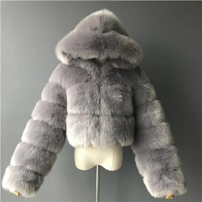 Winter Women Faux Fox Fur Thick Warm Full Sleeves Hooded Short Jacket