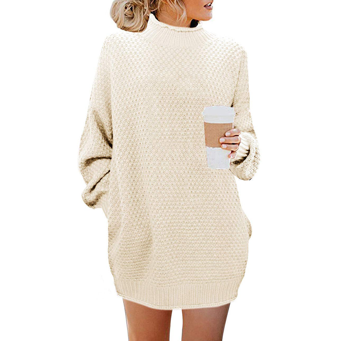 Women Turtleneck Long Sleeve Casual Loose Knit Pocket Dress