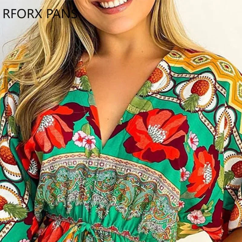 Women Casual v Neck All Over Print Sexy Half Sleeves Drawstring Romper