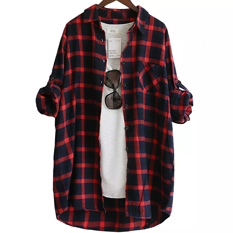 Women Blouse Shirt Loose Casual Plaid Shirts Long Sleeve Large Size