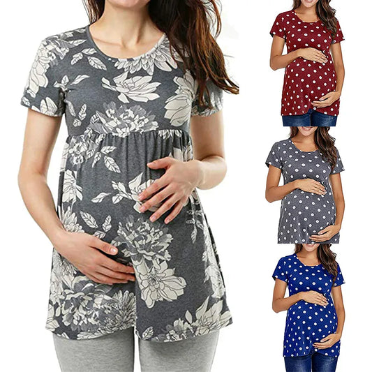 Women Pregnancy Casual T Shirt Maternity Short Sleeve Dot Print Tees Tops