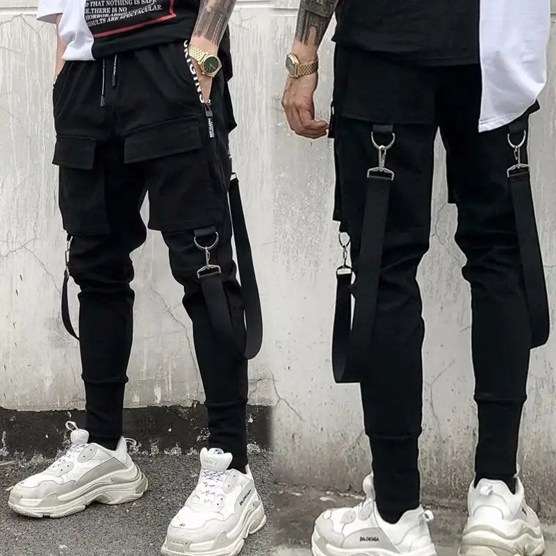 Fashion Slim-Fit Pants Men Streetwear Ribbon Harajuku Black Cargo Pants for Men