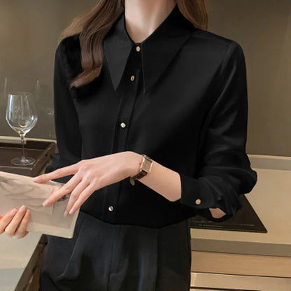 Korean Silk Women Shirts Satin Blouses Women Long Sleeve Shirts