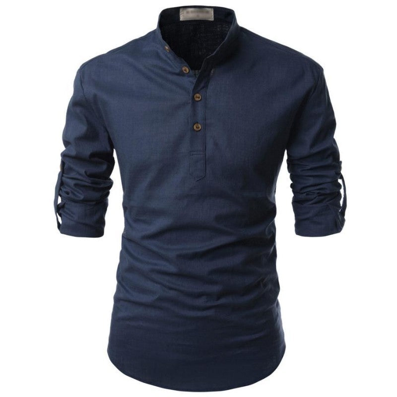 Stand Collar Men T Shirt Solid Color Middle Sleeve Summer Casual T-Shirts