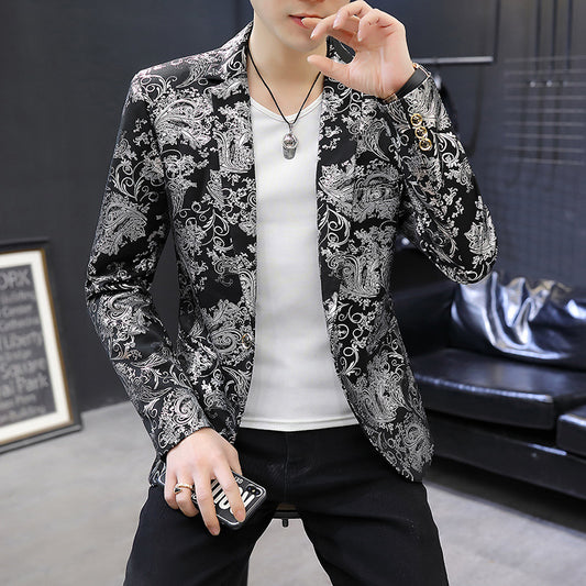 Men Blazer Suit Printed Slim Lapel Collar Casual Mens Suit Thin