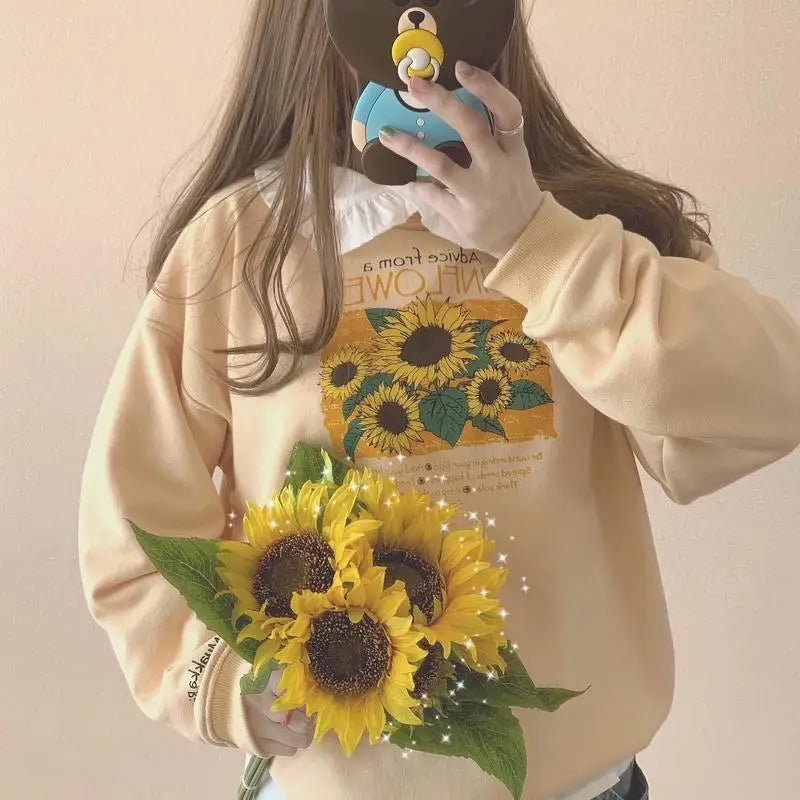 Women Clothes Women Harajuku Streetwear Sunflower Print Hoodie