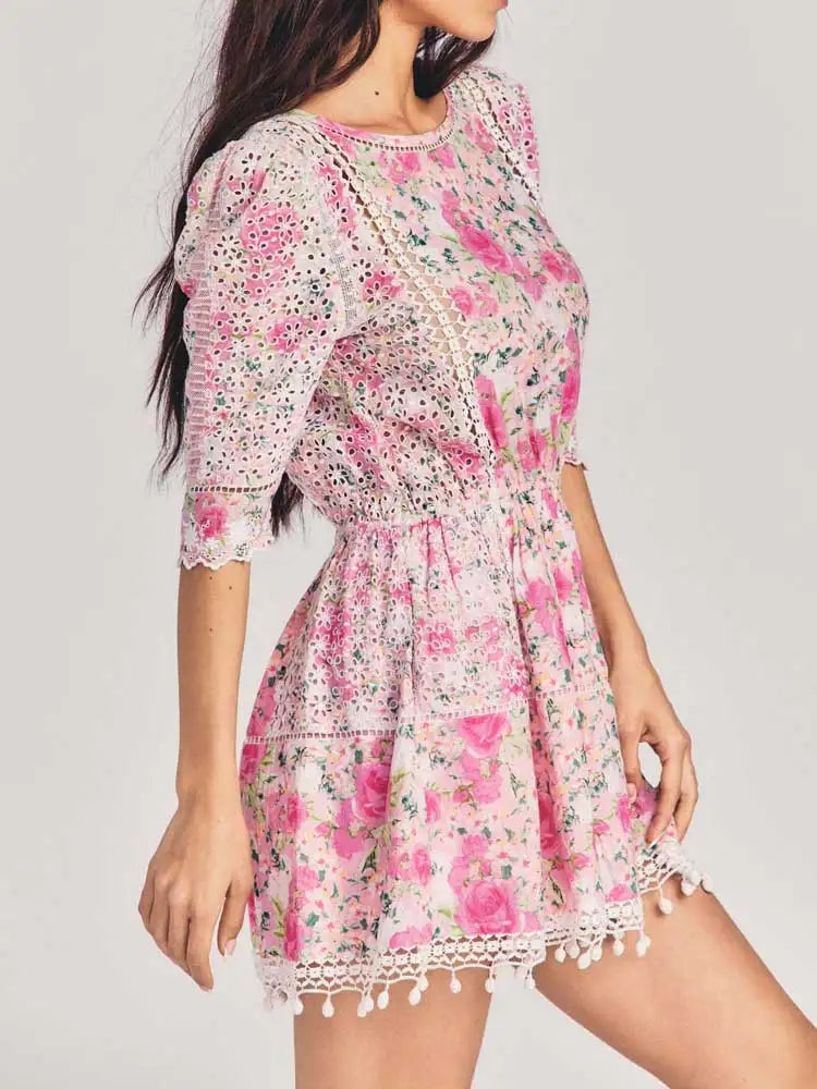 Boho Inspired Pink Floral Cotton Mini Dress Women