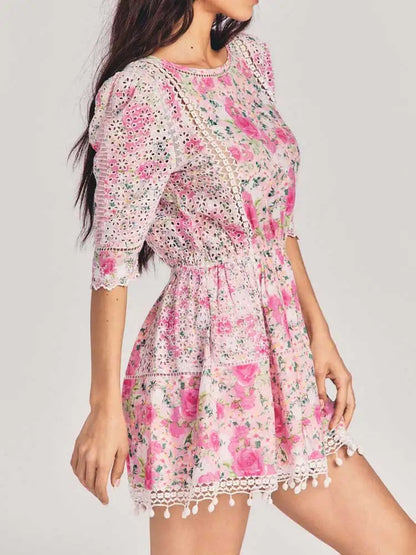 Boho Inspired Pink Floral Cotton Mini Dress Women