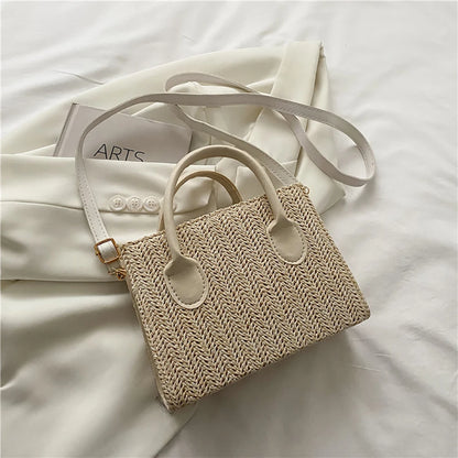 Summer Beach Straw Crossbody Bags Small Top-Handle Bags Handmade Woven Leather