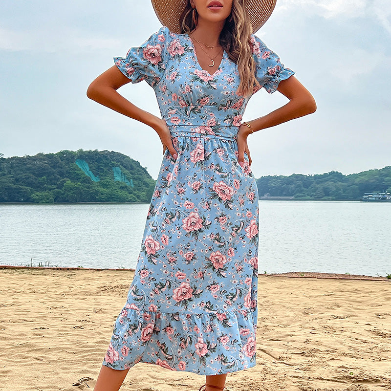 Fashion v Neck Short Sleeve Floral Dress Women Sweet Dresses Clothing Wholesale