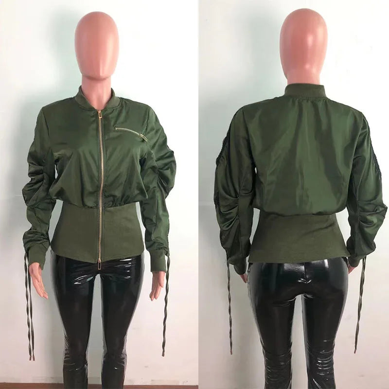 Green Bomber Jacket Women Cropped Coat Jacket Autumn Winter Streetwear