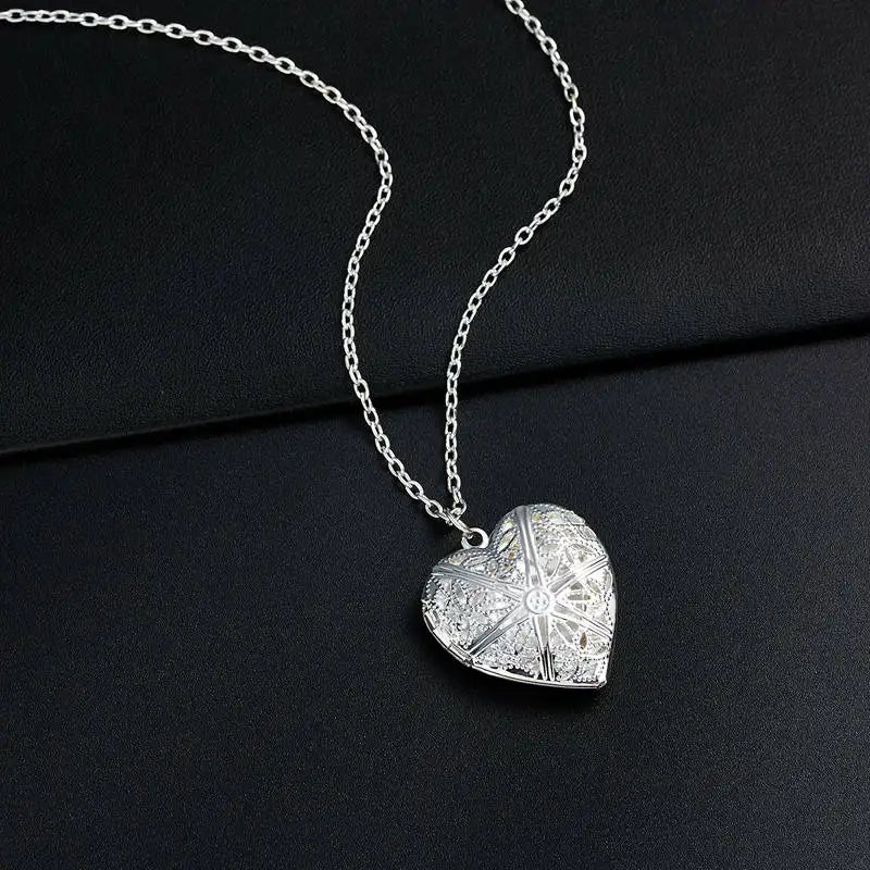 Openable Love Heart Locket Pendant Women Necklace Silver Color Chain Memory