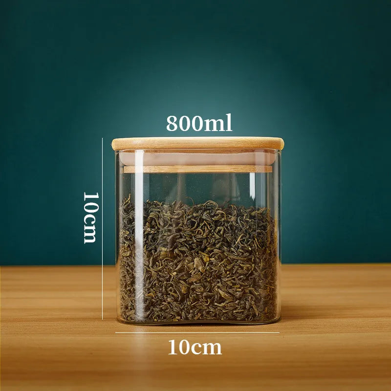 Square Glass Storage Jars With Bamboo Lid for Coffee Beans Grains Food Storage