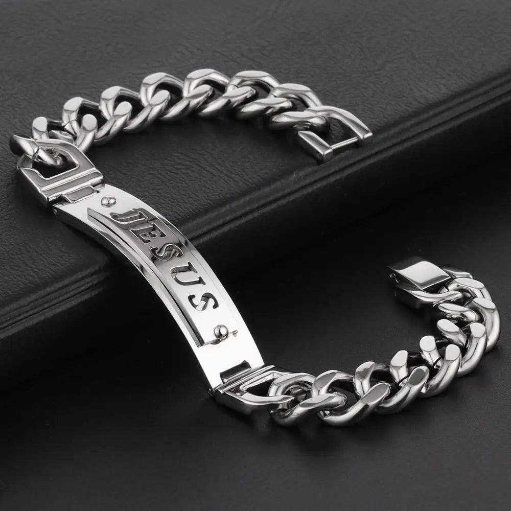 Men Link Chain Bracelets Engraved Jesus Bracelet Stainless Steel Jewelry