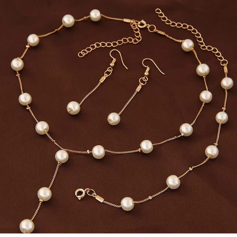 Simulated Pearl Fashion Jewelry Set for Women Girl Wedding Statement Necklace