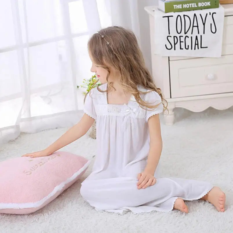 Summer Children's Girls Dress Sleepwear White Lace Cotton Princess Vintage