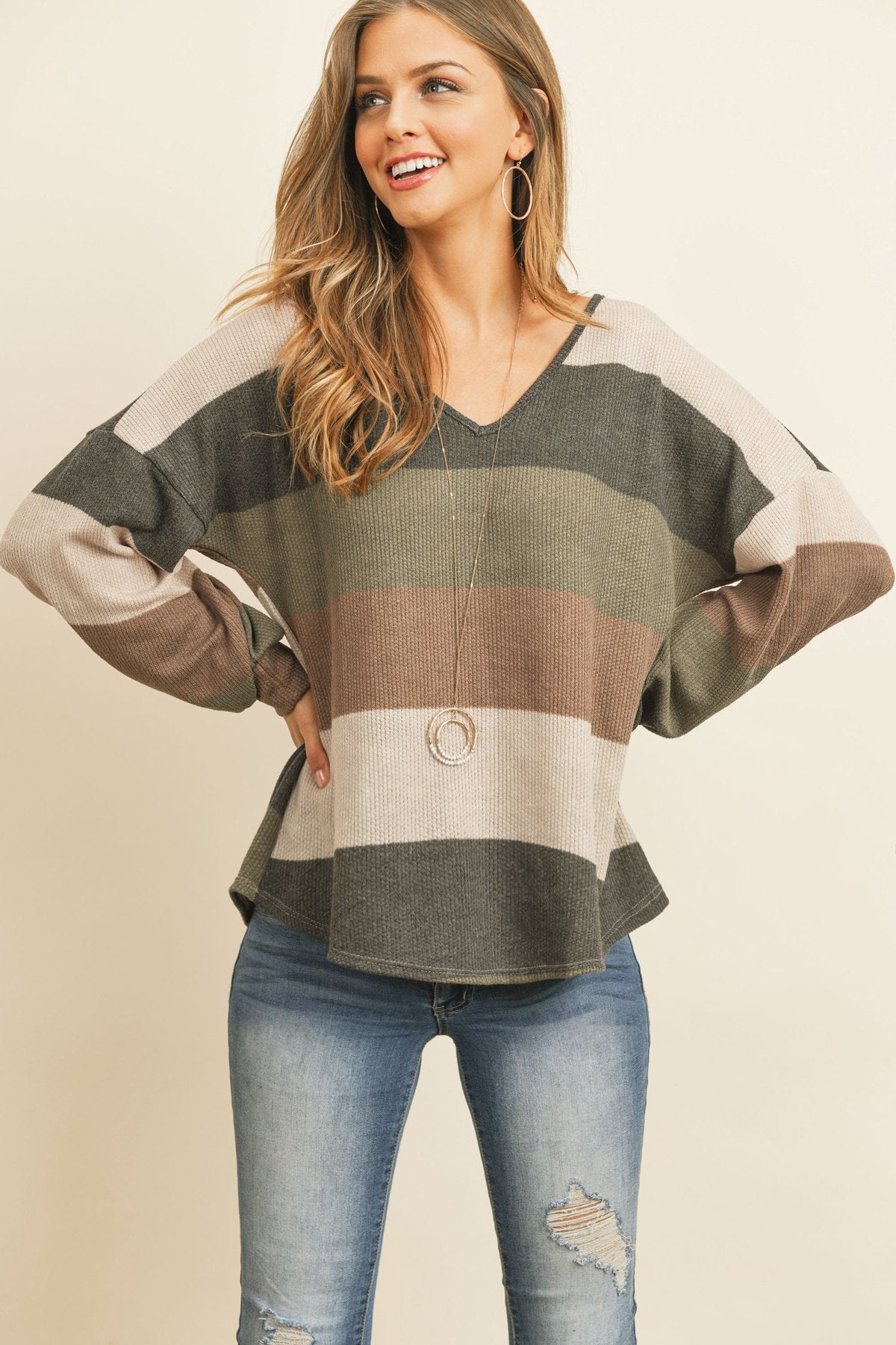 Rib Multicolor Stripes V-Neck Puff Sleeves Top