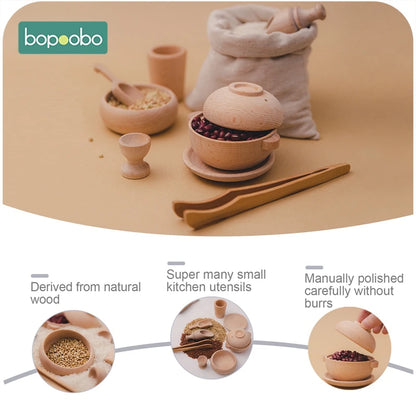 Bopoobo Wooden Montessori Cutlery Pretend Play Tea Set Wooden Educational toy