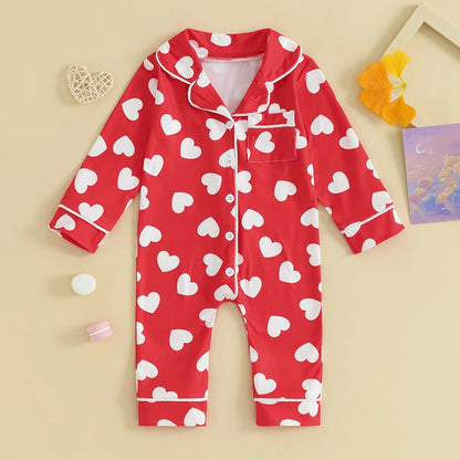 0-24m Baby Pajamas Jumpsuits Heart Print Lapel Button Up Girls Sleepwear